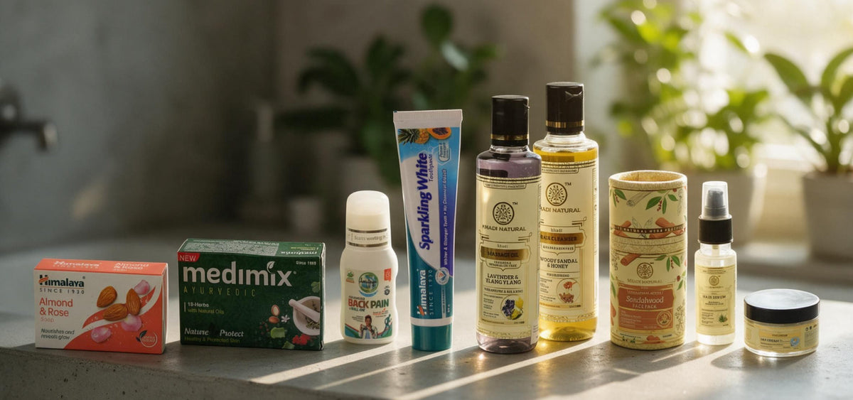 Kropps-, hår- och munvårdande produkter från Himalaya, Medimix, Khadi Natural och Amrutanjan står på marmorbänk i badrum. Växter syns i bakgrunden vid ett fönster.